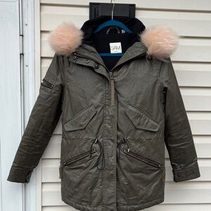 SAM Ladies Green Coated Canvas Parka Pink Fur Hood Collar-S